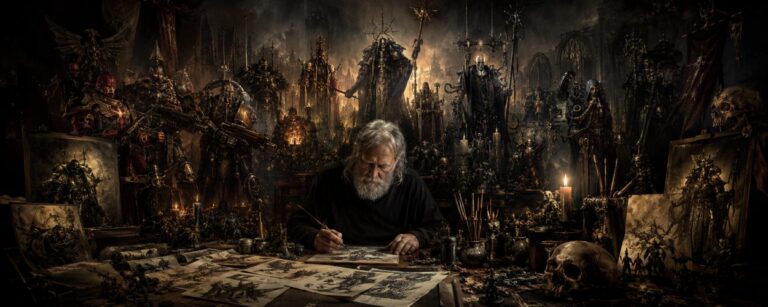 Ein düsterer Künstlerarbeitsplatz mit Skizzen, Miniaturen, Schädeln, Kerzen, rostigen Rüstungsteilen und gotischen Science-Fantasy-Figuren im Schatten.