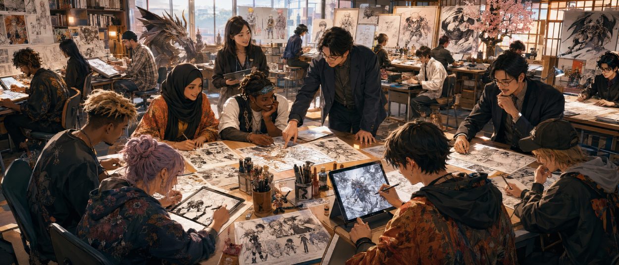 Internationale Manga-Zeichner sitzen in einem hellen Atelier an Zeichentischen, während japanische Redakteure Skizzen, Fantasyfiguren und Comicseiten begutachten.