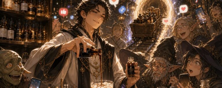 Satirische Fantasy-Szene mit einem Alchemisten, der Kaffeekonzentrat in einen Iced Coffee gießt, während Kobolde, Elben und Magier das Getränk mit Smartphones filmen