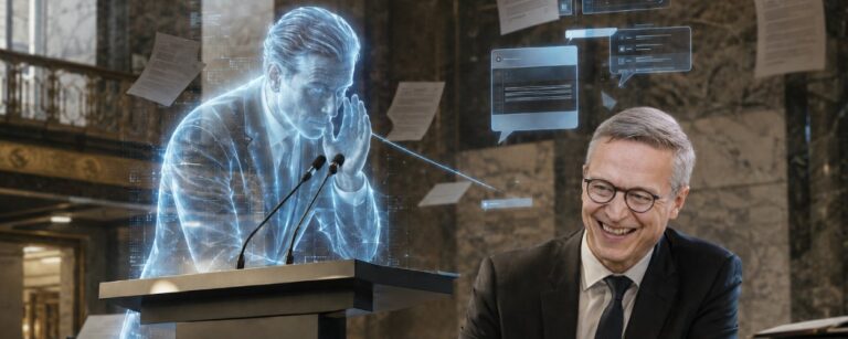 Ein blauer KI-Hologrammredner spricht an einem Ministeriumspult, während ein lachender Politiker daneben Akten unterschreibt.