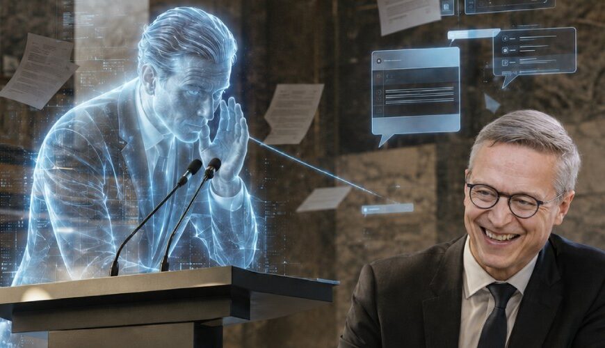 Ein blauer KI-Hologrammredner spricht an einem Ministeriumspult, während ein lachender Politiker daneben Akten unterschreibt.