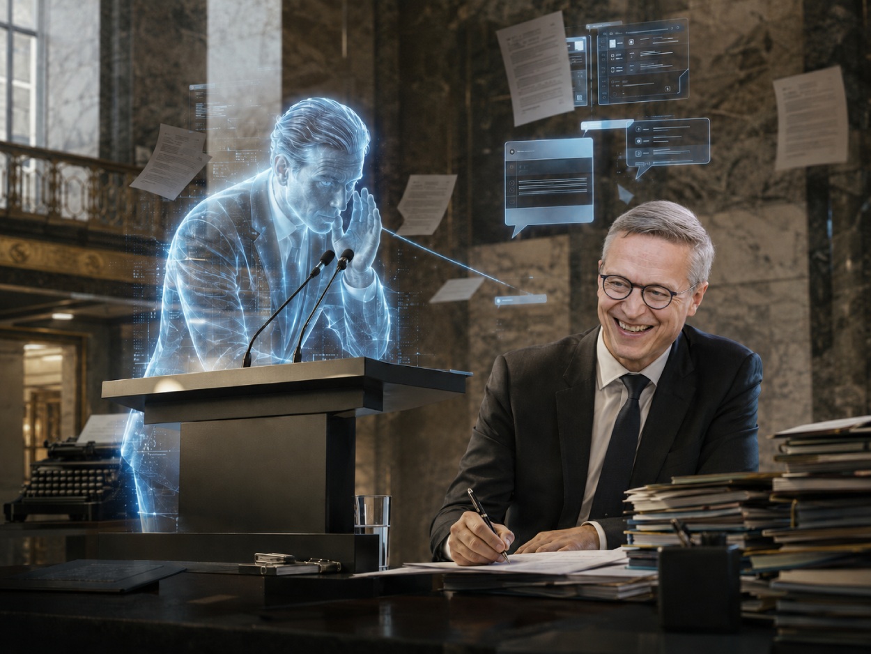 Ein blauer KI-Hologrammredner spricht an einem Ministeriumspult, während ein lachender Politiker daneben Akten unterschreibt.