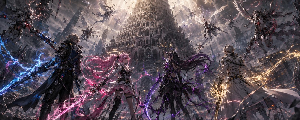 Vier magische Kämpfer stehen vor einem gigantischen Turm von Babel, während Engelwesen, Aschesturm und leuchtende Transformationen die apokalyptische Fantasy-Szene prägen.
