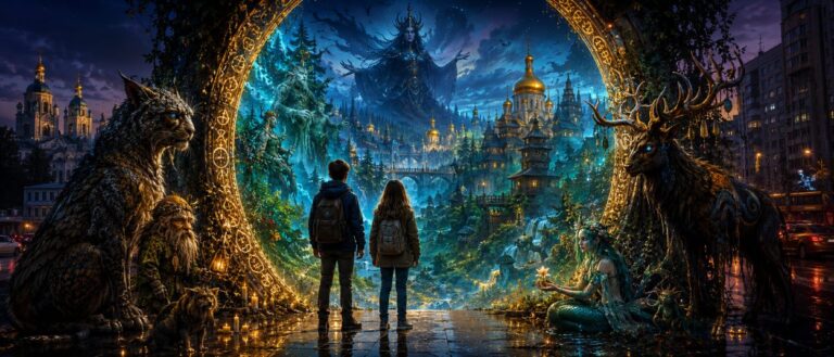 Zwei Kinder stehen vor einer leuchtenden Tür in Kiew, hinter der eine magische Parallelwelt mit mythologischen Gestalten erscheint.