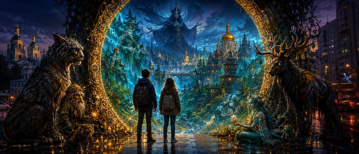 Zwei Kinder stehen vor einer leuchtenden Tür in Kiew, hinter der eine magische Parallelwelt mit mythologischen Gestalten erscheint.