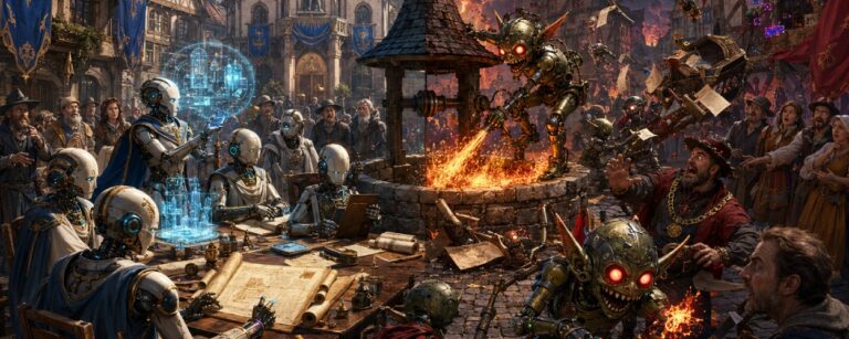 Satirische Fantasy-Stadtszene mit KI-Agenten: Links schreiben geordnete Roboter an einer Verfassung, rechts eskalieren chaotische Maschinenwesen und setzen den Dorfbrunnen in Brand.