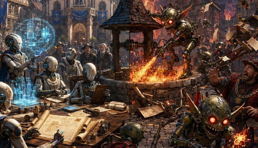 Satirische Fantasy-Stadtszene mit KI-Agenten: Links schreiben geordnete Roboter an einer Verfassung, rechts eskalieren chaotische Maschinenwesen und setzen den Dorfbrunnen in Brand.