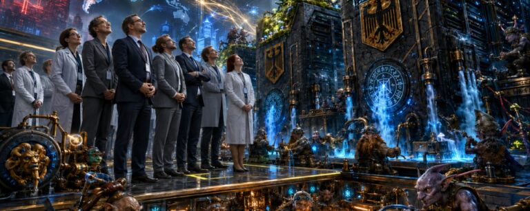 Satirisches deutsches KI-Rechenzentrum mit riesigen Serverblöcken, Runenkühlung, Moosleiterplatten, Zwergeningenieuren und Kobolden, während anonyme deutsche Techniker die magische Hochleistungsinfrastruktur bestaunen.