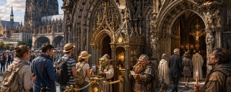 Satirische Fantasy-Szene vor dem Kölner Dom mit Drehkreuz, Kassenhäuschen, Touristen, betenden Menschen und einem Kobold als Eintrittswächter.