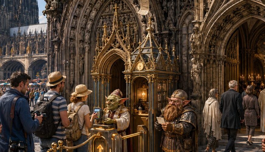 Satirische Fantasy-Szene vor dem Kölner Dom mit Drehkreuz, Kassenhäuschen, Touristen, betenden Menschen und einem Kobold als Eintrittswächter.