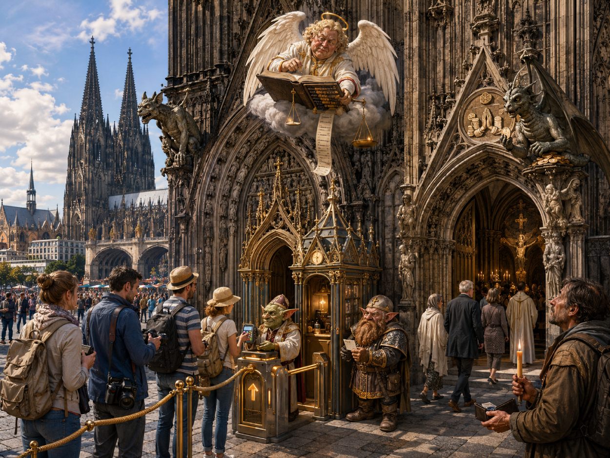 Satirische Fantasy-Szene vor dem Kölner Dom mit Drehkreuz, Kassenhäuschen, Touristen, betenden Menschen und einem Kobold als Eintrittswächter.