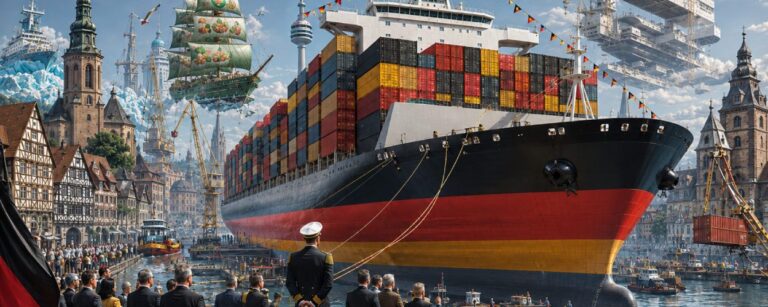 Satirische Hafenszene in Heilbronn mit einem riesigen Containerschiff unter deutschen Farben, Einkaufswagen-Logistik, Möwen, Handelsflotten im Hintergrund und absurdem Discounter-Seemacht-Pomp.