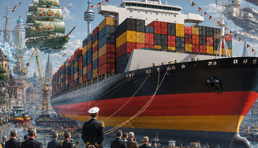 Satirische Hafenszene in Heilbronn mit einem riesigen Containerschiff unter deutschen Farben, Einkaufswagen-Logistik, Möwen, Handelsflotten im Hintergrund und absurdem Discounter-Seemacht-Pomp.