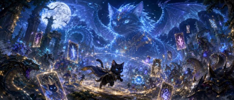 Eine schwarze Katzen-Abenteurerin mit Drachenkraft steht zwischen winziger und riesiger Gestalt vor legendären Monstern in einer magischen Fantasy-Welt.