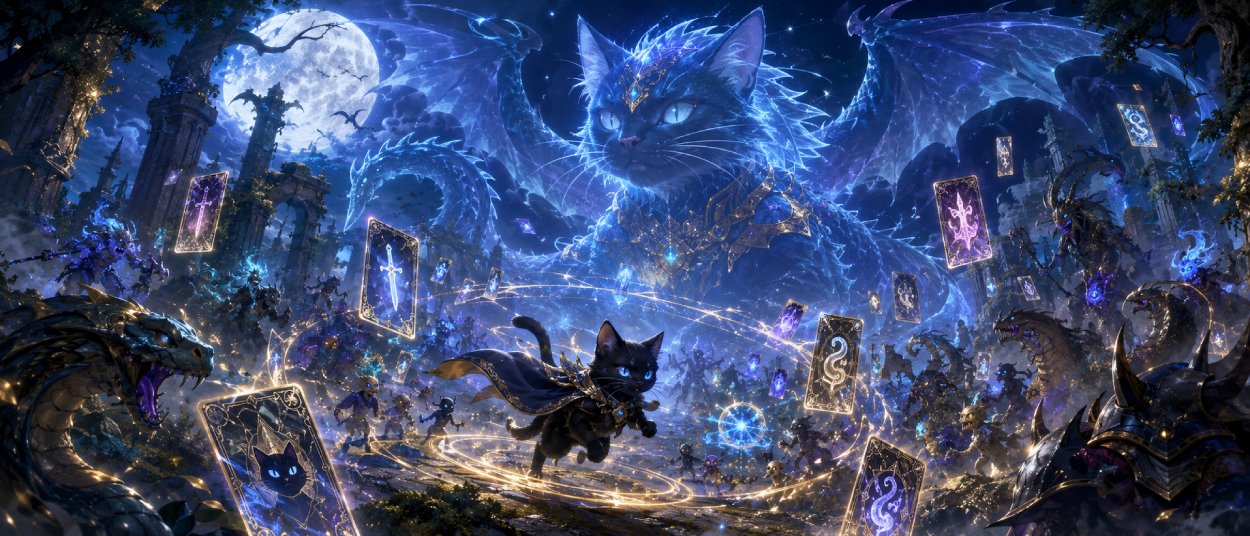 Eine schwarze Katzen-Abenteurerin mit Drachenkraft steht zwischen winziger und riesiger Gestalt vor legendären Monstern in einer magischen Fantasy-Welt.