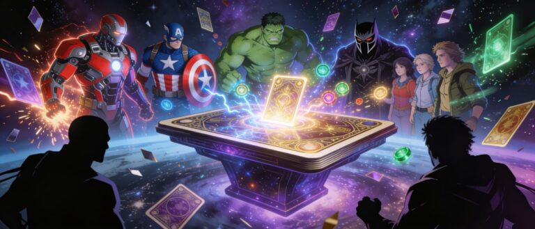 Superhelden und Schurken stehen an einem magischen Kartentisch, während leuchtende Mana-Symbole und Comic-Energie durch die Luft wirbeln.