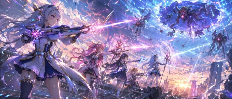 Mehrere Magical Girls stehen in einer futuristischen Ruinenstadt und feuern leuchtende Magie gegen außerweltliche Kreaturen.