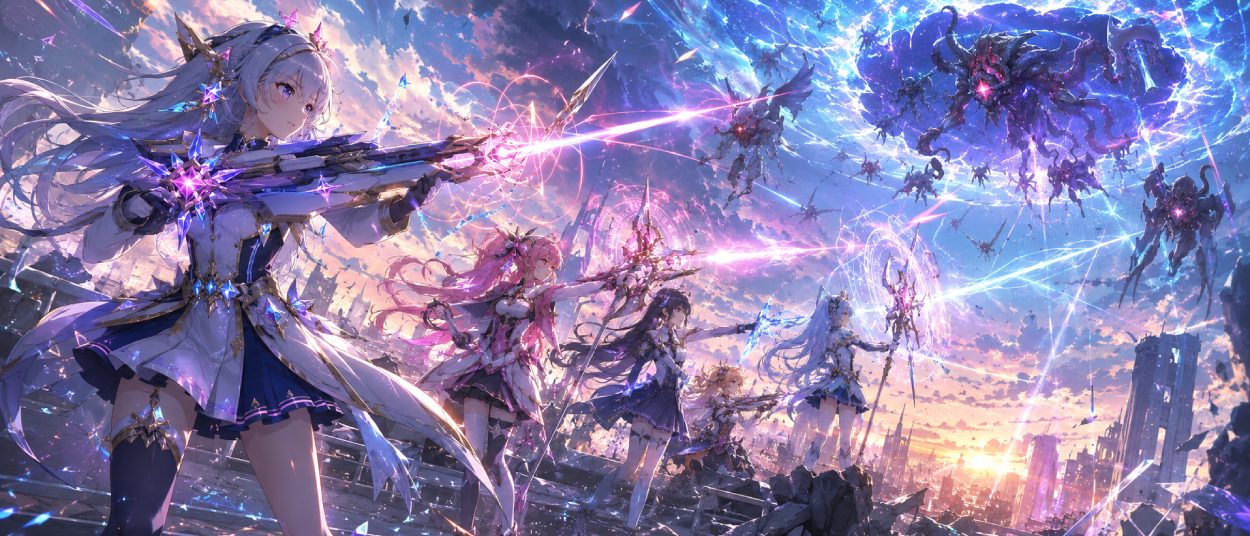 Mehrere Magical Girls stehen in einer futuristischen Ruinenstadt und feuern leuchtende Magie gegen außerweltliche Kreaturen.
