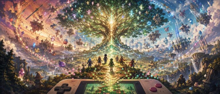 Ein leuchtender Weltenbaum steht über einer märchenhaften JRPG-Landschaft, während Pixelhelden, Monster und magische Kristalle darum erscheinen.