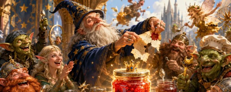 Satirische Fantasy-Szene mit einem Frühstückstisch voller Marmeladengläser, Zwergen, Elben, Kobolden und einem feierlichen Etikettenmagier