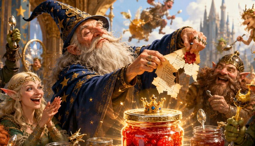 Satirische Fantasy-Szene mit einem Frühstückstisch voller Marmeladengläser, Zwergen, Elben, Kobolden und einem feierlichen Etikettenmagier