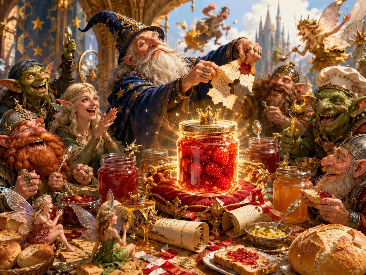 Satirische Fantasy-Szene mit einem Frühstückstisch voller Marmeladengläser, Zwergen, Elben, Kobolden und einem feierlichen Etikettenmagier