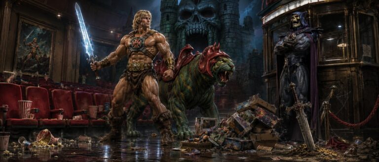 Ein muskulöser Fantasyheld steht mit leuchtendem Schwert und großem Kampftiger in einem fast leeren Kinosaal, während ein skelettartiger Bösewicht neben alten Spielzeugkartons spöttisch zusieht.