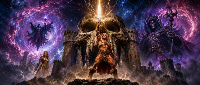 Ein muskulöser Fantasy-Held hebt ein leuchtendes Schwert vor einer gewaltigen Burg, während im Hintergrund dunkle Mächte und magische Portale erscheinen.