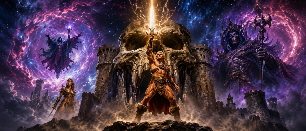 Ein muskulöser Fantasy-Held hebt ein leuchtendes Schwert vor einer gewaltigen Burg, während im Hintergrund dunkle Mächte und magische Portale erscheinen.