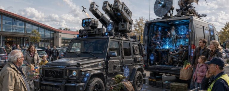 Satirische Fantasy-Szene mit einem schwarzen Geländewagen als Drohnenabwehrfahrzeug, Kommando-Van, Abfangdrohnen, magischen Radarsymbolen und verdutzten Kunden auf einem Supermarktparkplatz
