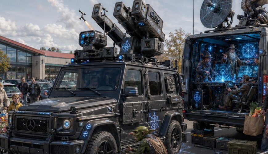 Satirische Fantasy-Szene mit einem schwarzen Geländewagen als Drohnenabwehrfahrzeug, Kommando-Van, Abfangdrohnen, magischen Radarsymbolen und verdutzten Kunden auf einem Supermarktparkplatz