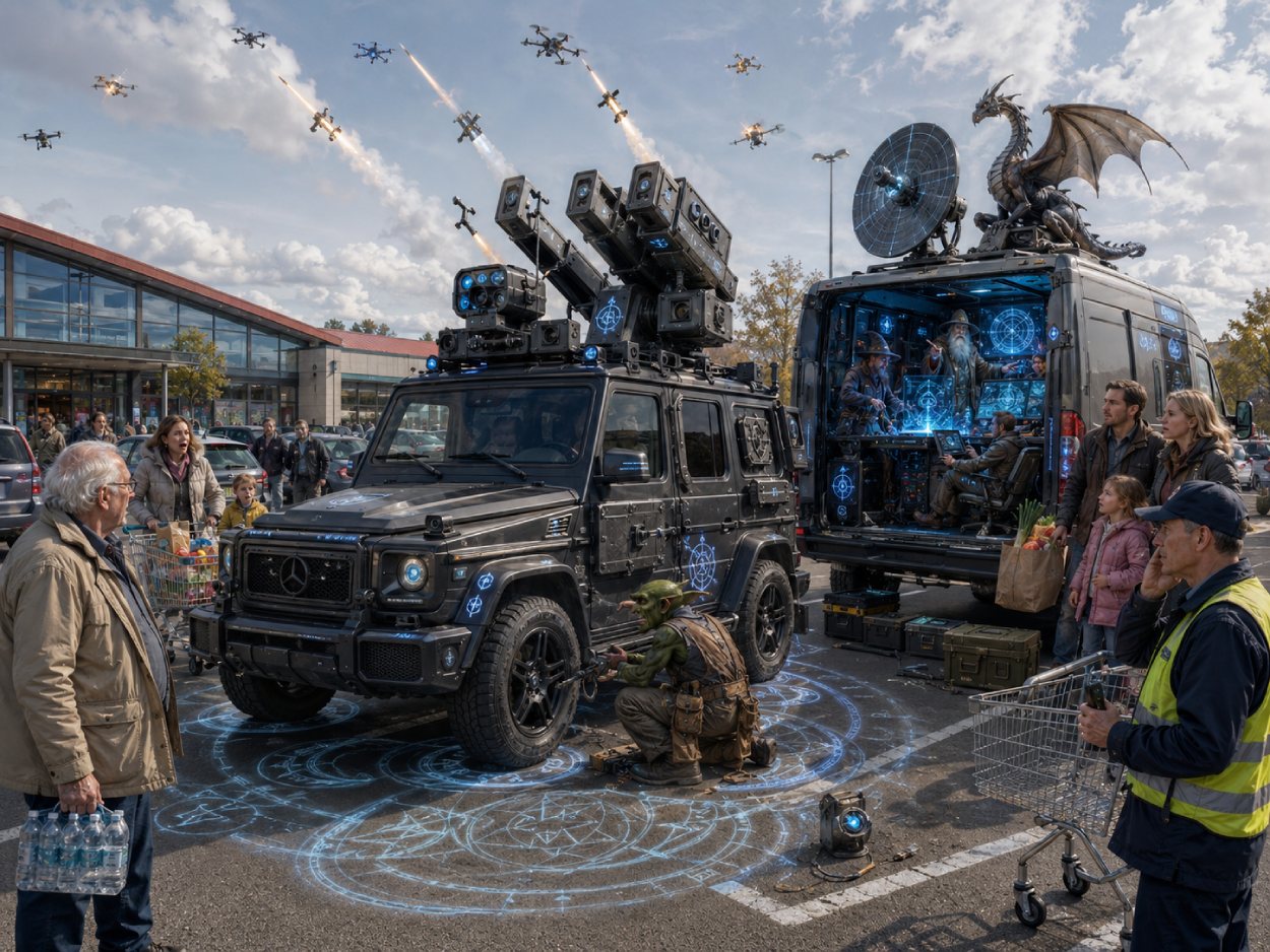 Satirische Fantasy-Szene mit einem schwarzen Geländewagen als Drohnenabwehrfahrzeug, Kommando-Van, Abfangdrohnen, magischen Radarsymbolen und verdutzten Kunden auf einem Supermarktparkplatz