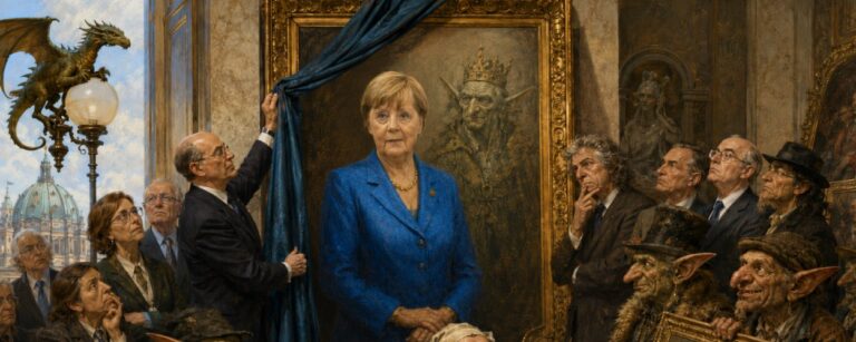 Satirische Fantasy-Szene in einem Museum: Ein offizielles Staatsporträt im blauen Blazer wird enthüllt, während darunter schemenhaft ein alter Goblinkönig aus Muränien sichtbar wird und Zwischenreiche-Händler billige Antiquitätenrahmen heranschaffen.