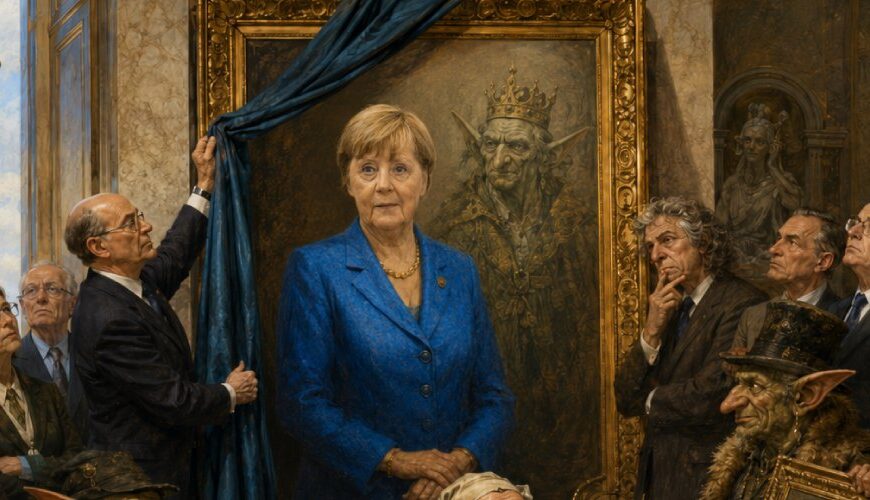 Satirische Fantasy-Szene in einem Museum: Ein offizielles Staatsporträt im blauen Blazer wird enthüllt, während darunter schemenhaft ein alter Goblinkönig aus Muränien sichtbar wird und Zwischenreiche-Händler billige Antiquitätenrahmen heranschaffen.