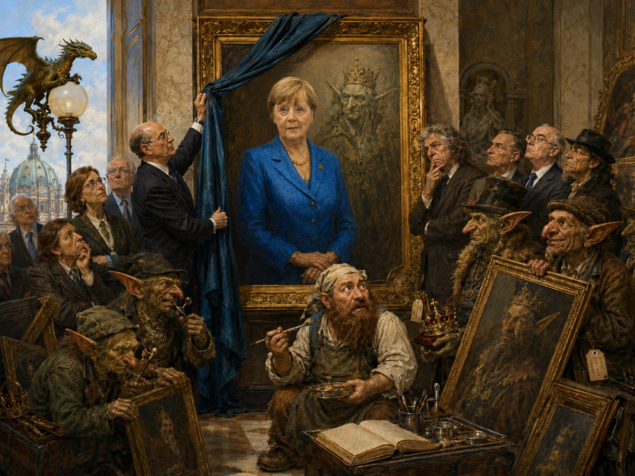 Satirische Fantasy-Szene in einem Museum: Ein offizielles Staatsporträt im blauen Blazer wird enthüllt, während darunter schemenhaft ein alter Goblinkönig aus Muränien sichtbar wird und Zwischenreiche-Händler billige Antiquitätenrahmen heranschaffen.