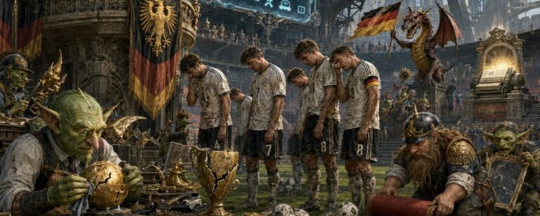 Satirische Fantasy-Szene in einem Fußballstadion: Ein kanzlerartiger Würdenträger verleiht eine goldene Medaille an niedergeschlagene Fußballer, während Goblins, ein Drache, kaputte Pokale, eine Dampfbahn und Industrie-Ruinen das Scheitern als Staatsakt feiern.
