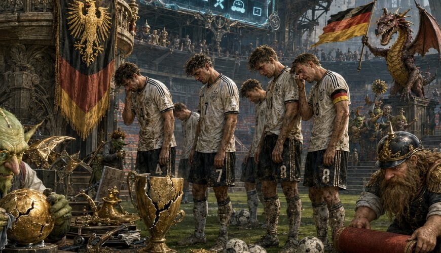 Satirische Fantasy-Szene in einem Fußballstadion: Ein kanzlerartiger Würdenträger verleiht eine goldene Medaille an niedergeschlagene Fußballer, während Goblins, ein Drache, kaputte Pokale, eine Dampfbahn und Industrie-Ruinen das Scheitern als Staatsakt feiern.