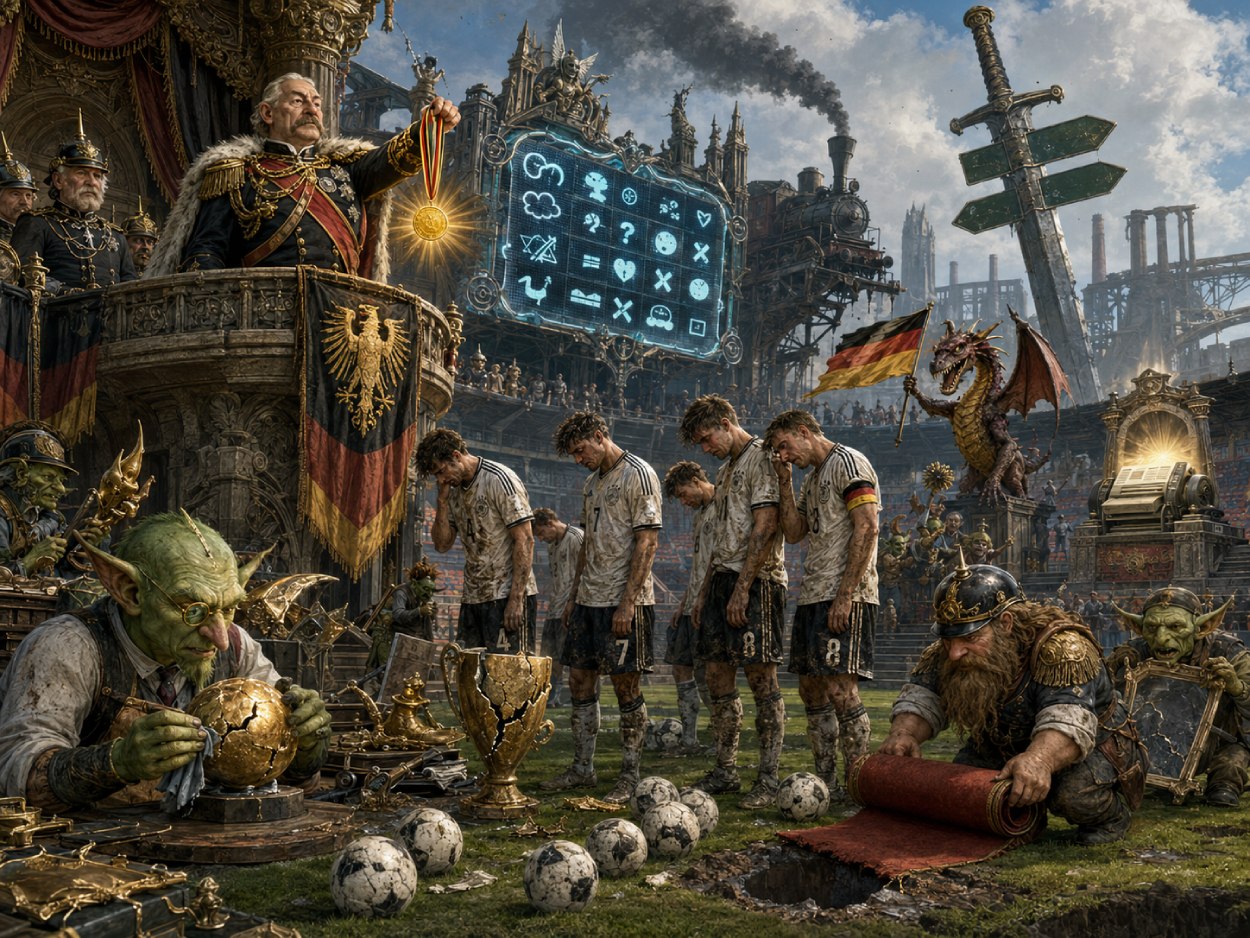 Satirische Fantasy-Szene in einem Fußballstadion: Ein kanzlerartiger Würdenträger verleiht eine goldene Medaille an niedergeschlagene Fußballer, während Goblins, ein Drache, kaputte Pokale, eine Dampfbahn und Industrie-Ruinen das Scheitern als Staatsakt feiern.