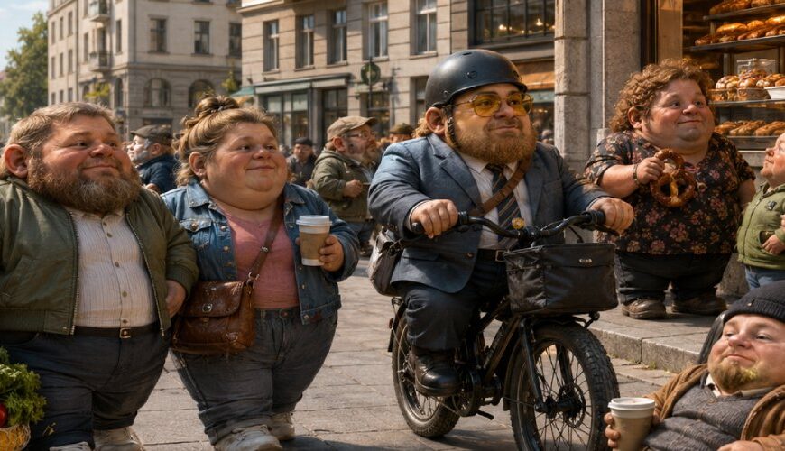 Satirische deutsche Stadtszene mit kompakten, zwergenhaft breiten Figuren vor einer Bäckerei. Die Szene spielt humorvoll auf den Mikrozensus 2025, steigendes Durchschnittsgewicht und die Idee einer Verzwergbreiterung aus den Zwischenreichen an.