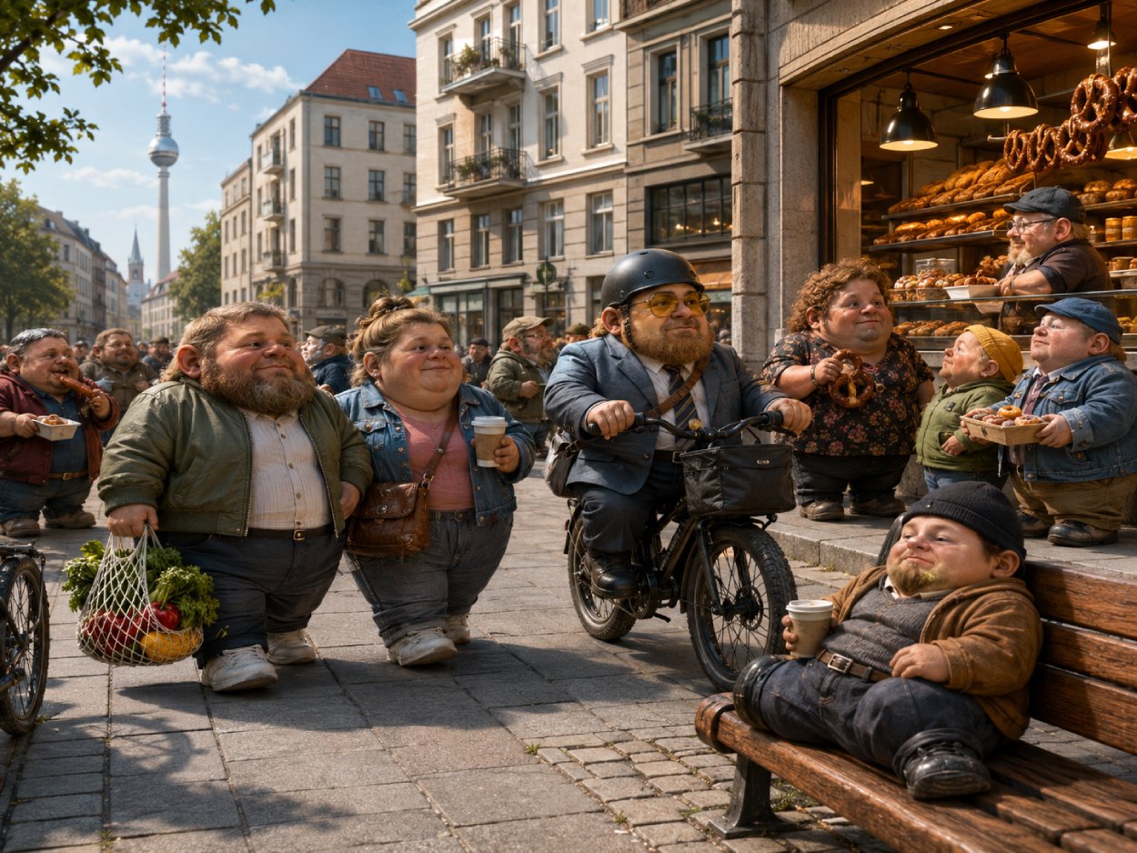 Satirische deutsche Stadtszene mit kompakten, zwergenhaft breiten Figuren vor einer Bäckerei. Die Szene spielt humorvoll auf den Mikrozensus 2025, steigendes Durchschnittsgewicht und die Idee einer Verzwergbreiterung aus den Zwischenreichen an.