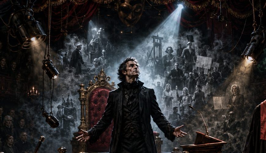 Ein Theaterregisseur steht in einem dunklen Bühnen-Tribunal innerhalb eines leuchtenden Bannkreises, während Richterstuhl, Mikrofone, Akten, Masken und Scheinwerfer ihn zugleich als Richter und Angeklagten erscheinen lassen. Im Hintergrund beobachten geisterhafte Zeugen und ein strenges Publikum die Szene.