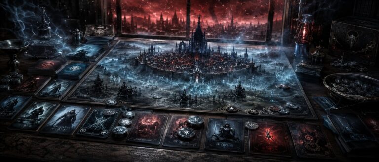 Ein düsteres Fantasy-Kartenspiel mit Metallmünzen, Nebel, Luthadel und allomantischen Lichtspuren auf einem Spieltisch.