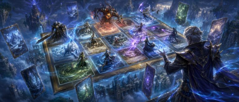 Magische Spielkarten bewegen sich über ein leuchtendes Taktikfeld, während Fantasyhelden aus Tyria als Commander in den Nebeln erscheinen.