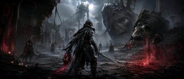 Ein wiedergeborener Jäger steht in einer zerstörten Dark-Fantasy-Welt zwischen Nebel, Monstern, zerbrochenen Götterstatuen und blutrotem Licht.