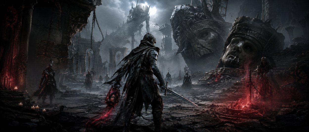 Ein wiedergeborener Jäger steht in einer zerstörten Dark-Fantasy-Welt zwischen Nebel, Monstern, zerbrochenen Götterstatuen und blutrotem Licht.