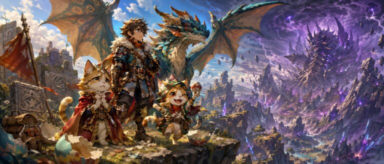 Ein junger Rider steht mit zwei Felynes und einem Monstie vor einem gewaltigen Nergigante in einer farbenprächtigen Fantasylandschaft.