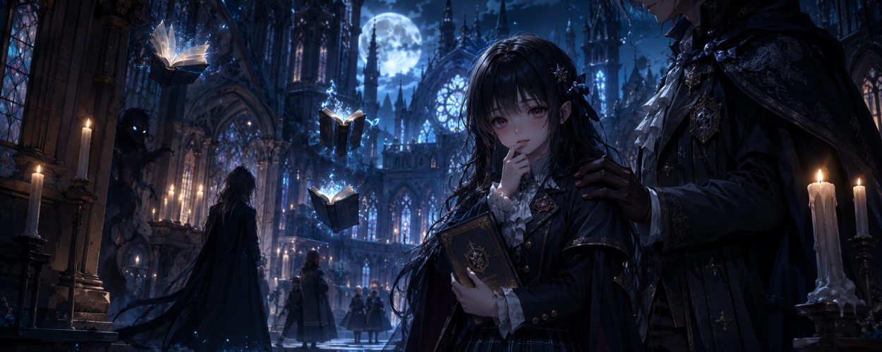 Eine junge halb vampirische Schülerin steht nachts vor einer gotischen Kirchenakademie, während Mondlicht, Kerzen und Schattenwesen die Szene umgeben.