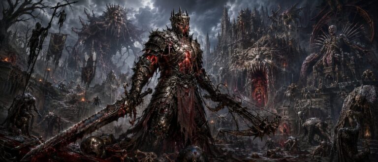 Ein düsterer Krieger in schwerer Rüstung steht in einer blutigen Dark-Fantasy-Ruine vor riesigen Monstern und rostigen Waffen.