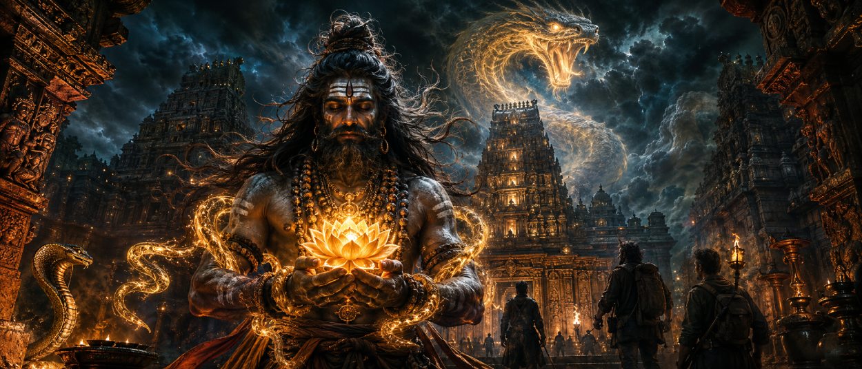 Ein Naga Sadhu steht vor einem brennenden indischen Tempel, während Schlangenmagie und ein göttliches Relikt in goldenem Licht erscheinen.