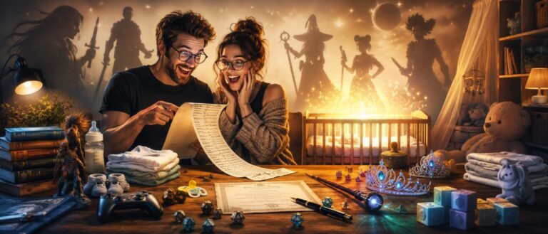 Eine Geburtsurkunde liegt zwischen Fantasybüchern, Spielcontroller, Zauberstab, Würfeln und kleinen Babysachen mit nerdigen Namensideen.